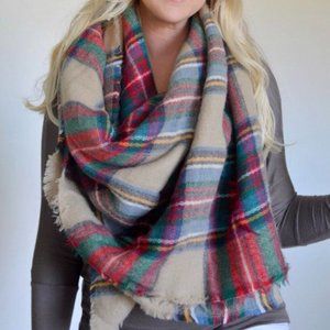 70x24 Multicolored Plaid Blanket Scarf - Tan Red Green